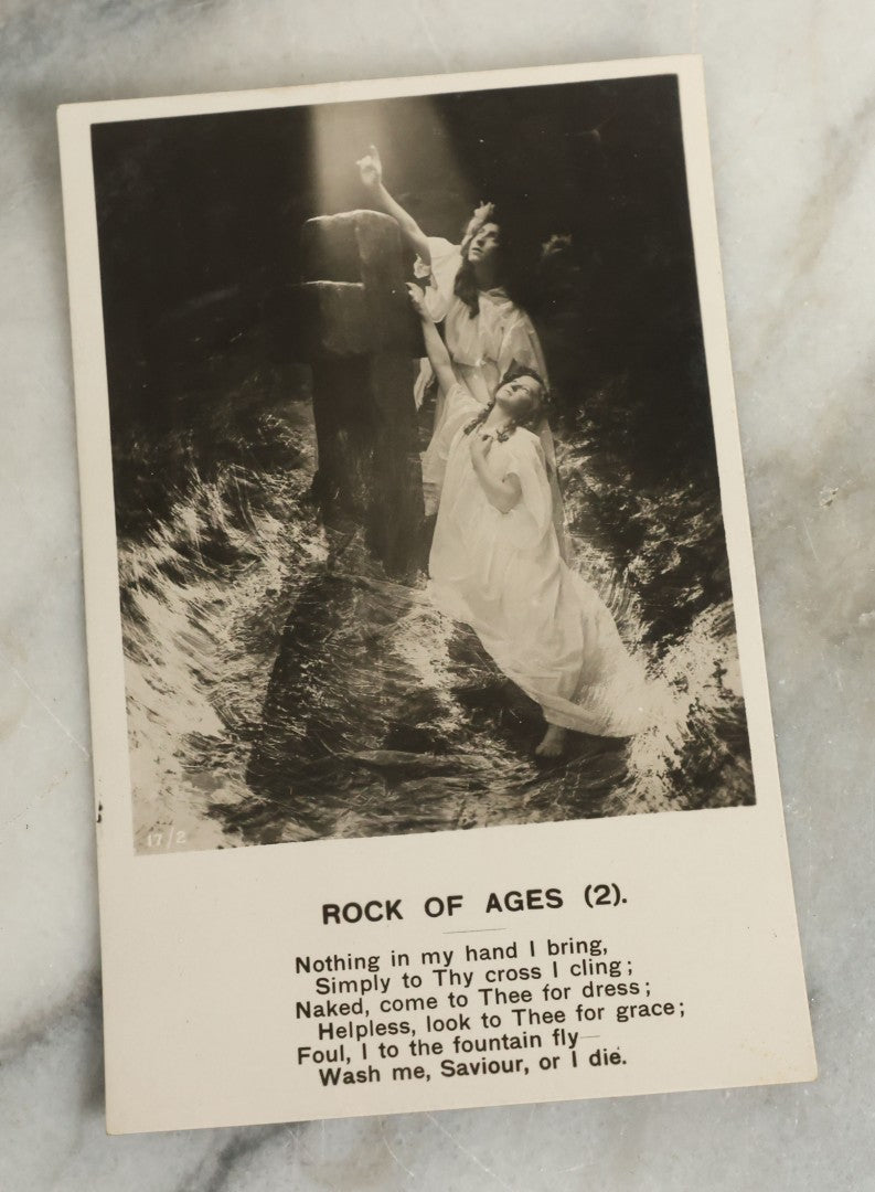 Lot 097 - Grouping Of 35 Antique Photographic Postcards From Bamforth's "Life Model Series," England And New York City, With Many Posed Studio Photographs And Series Including Rock Of Ages, The Little Hero, Excelsior, And Others