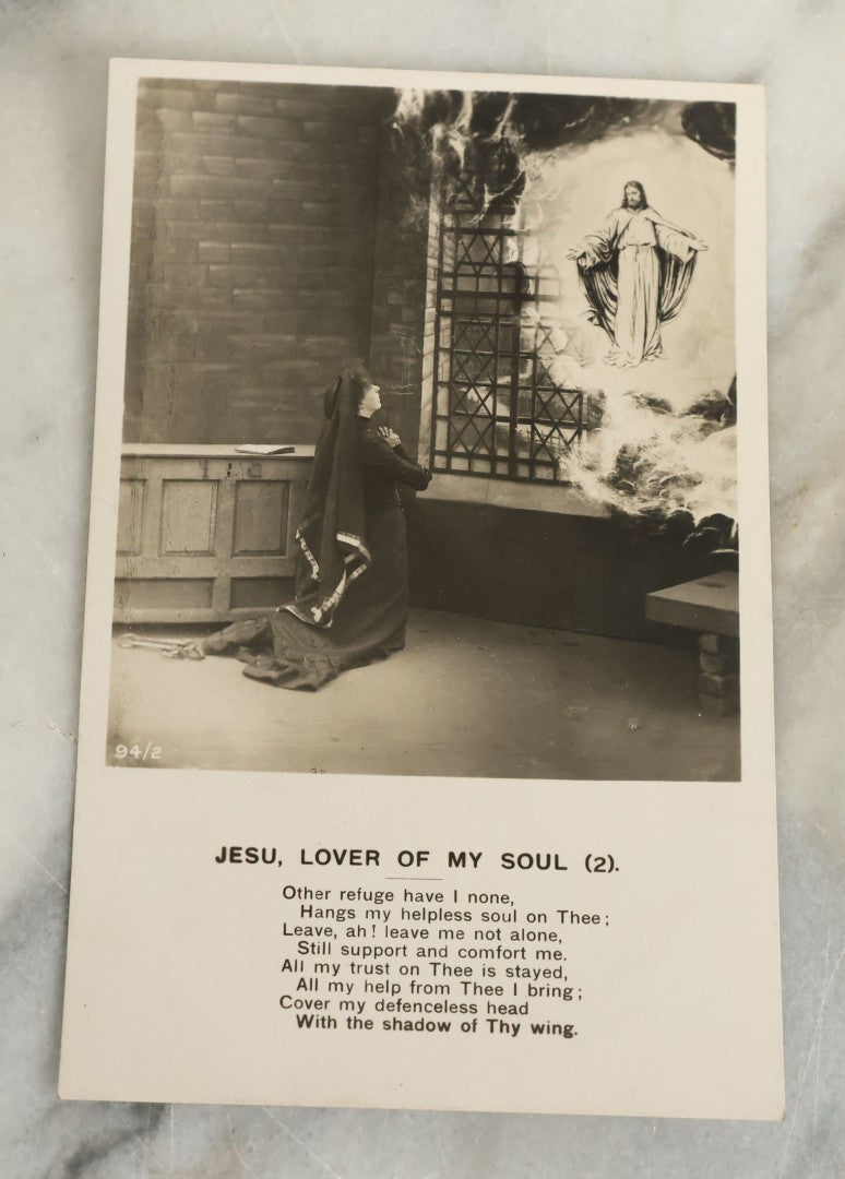 Lot 097 - Grouping Of 35 Antique Photographic Postcards From Bamforth's "Life Model Series," England And New York City, With Many Posed Studio Photographs And Series Including Rock Of Ages, The Little Hero, Excelsior, And Others