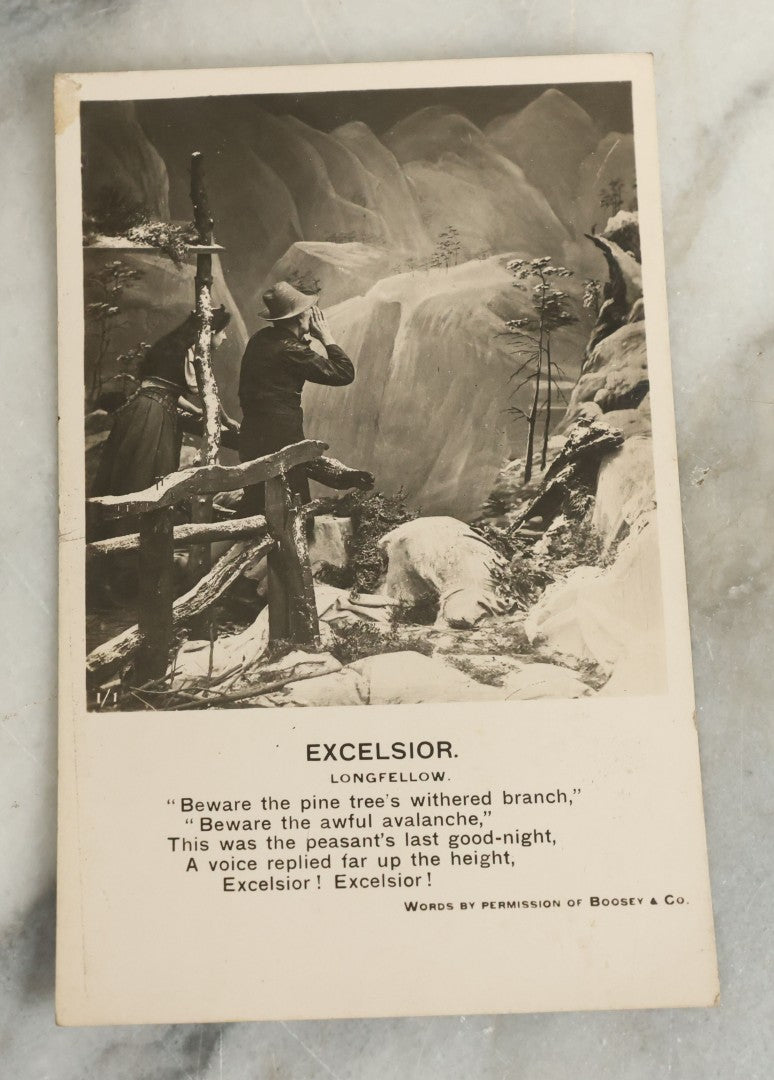 Lot 097 - Grouping Of 35 Antique Photographic Postcards From Bamforth's "Life Model Series," England And New York City, With Many Posed Studio Photographs And Series Including Rock Of Ages, The Little Hero, Excelsior, And Others