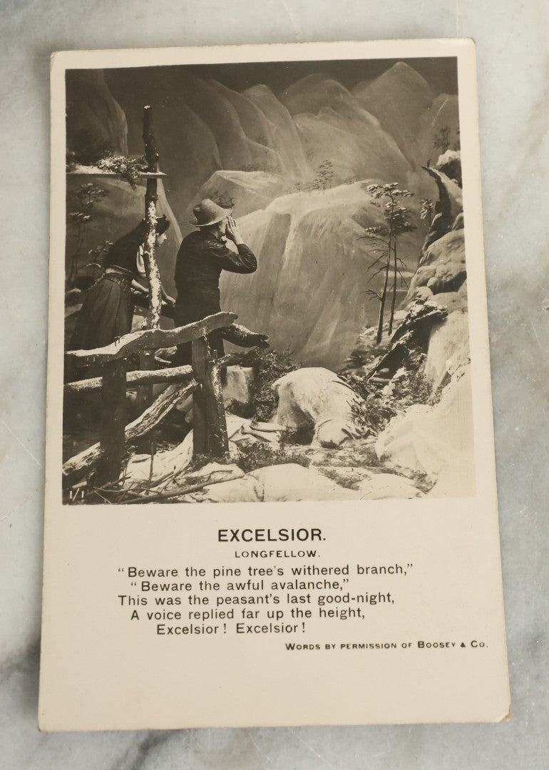 Lot 097 - Grouping Of 35 Antique Photographic Postcards From Bamforth's "Life Model Series," England And New York City, With Many Posed Studio Photographs And Series Including Rock Of Ages, The Little Hero, Excelsior, And Others