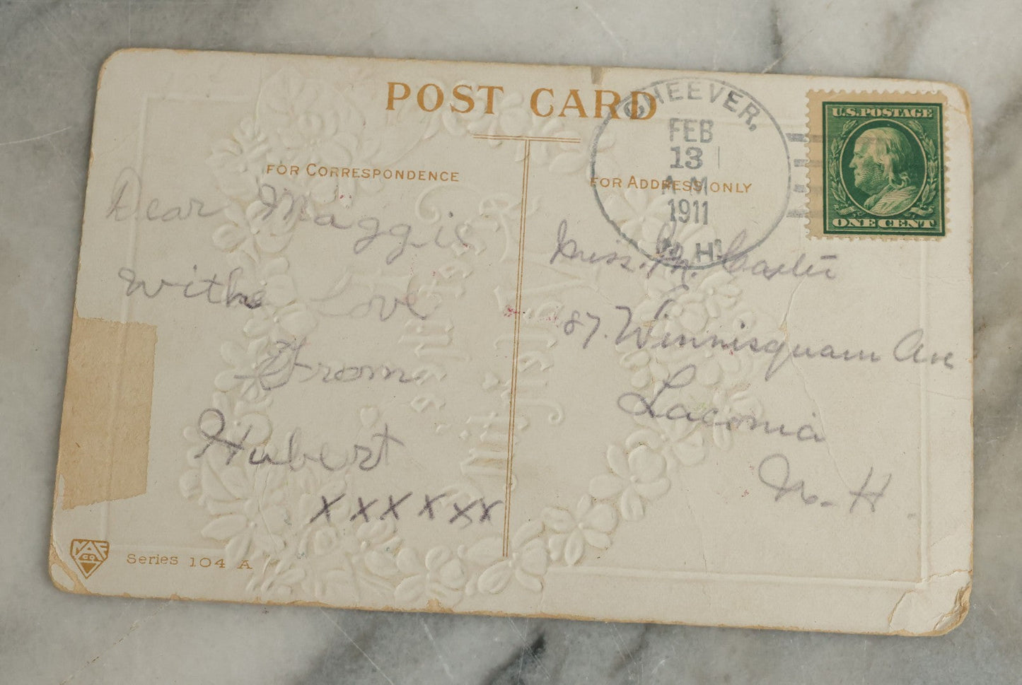 Lot 099 - Antique Embossed Valentines Postcard With Spider Web Design, "I Greet Thee, Valentine" Postmarked 1911