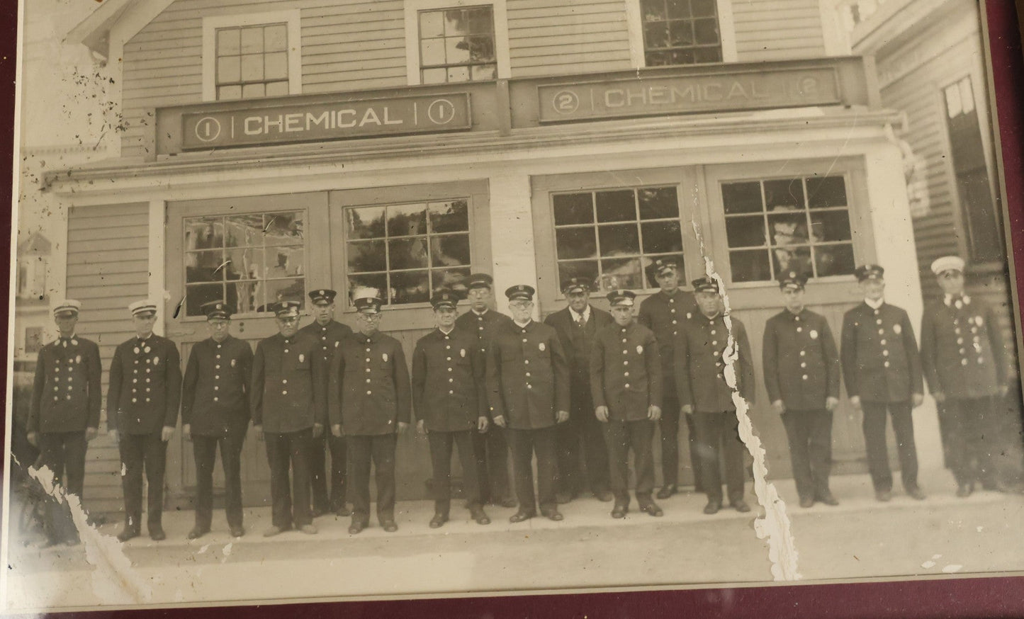 Lot 110 - Vintage Boarded Photograph Of Firefighters Of Chemical Company No. 1 & No. 2, Matted And Framed, Note Creases And Losses To Photo, 9-3/4" x 7-3/4"