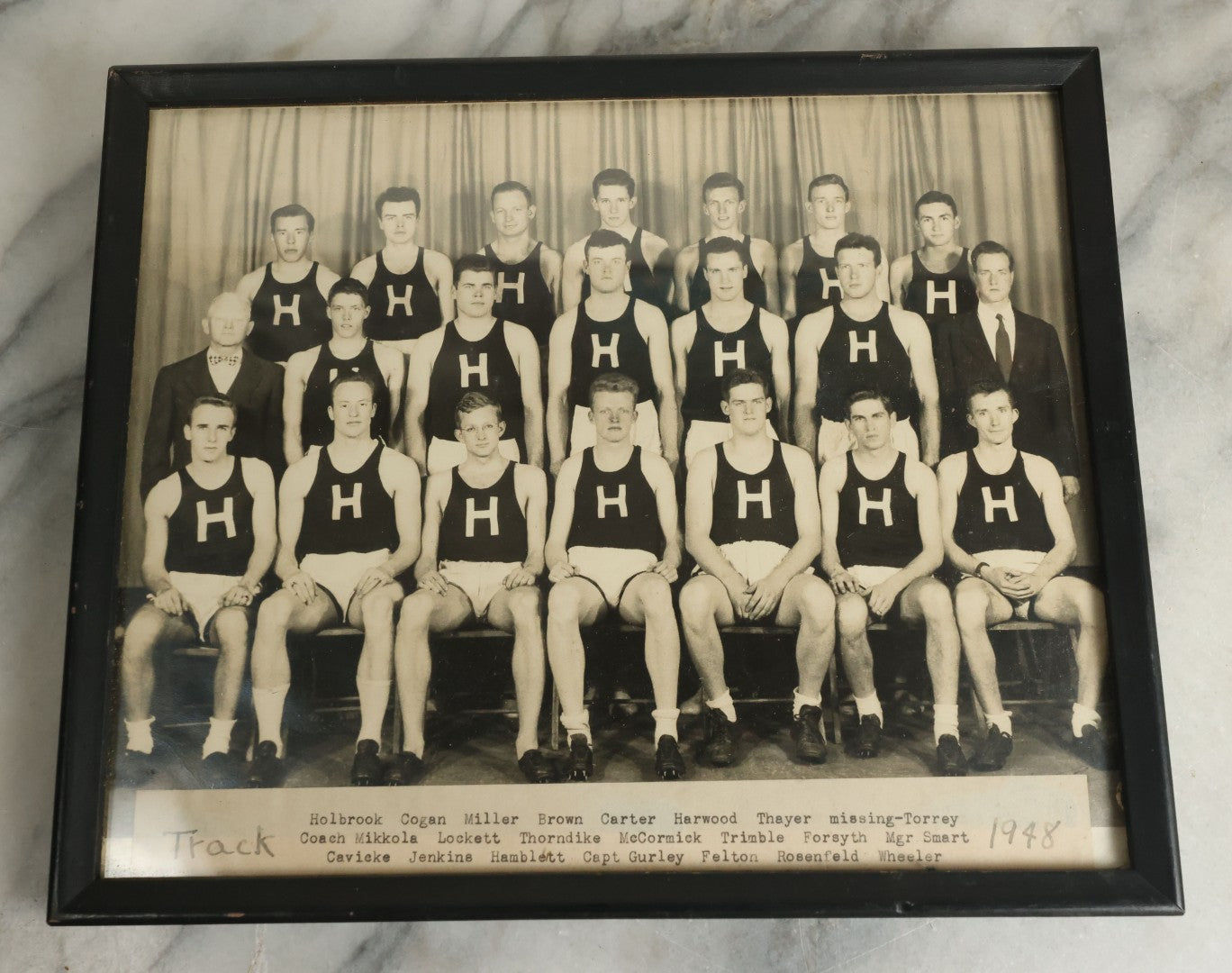 Lot 111 - Vintage Framed Photograph Of A College Track Team, Dated 1948, With Extensive Identification On Verso, 10" x 8-1/2"