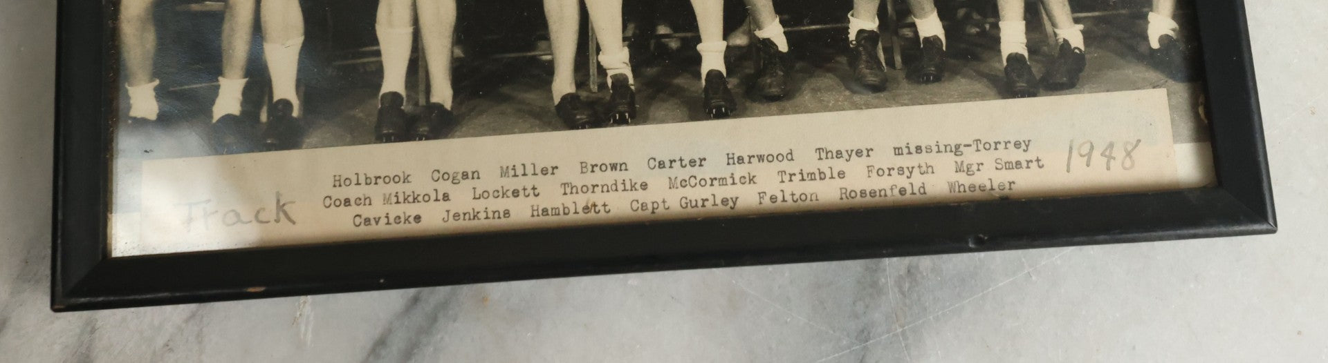 Lot 111 - Vintage Framed Photograph Of A College Track Team, Dated 1948, With Extensive Identification On Verso, 10" x 8-1/2"