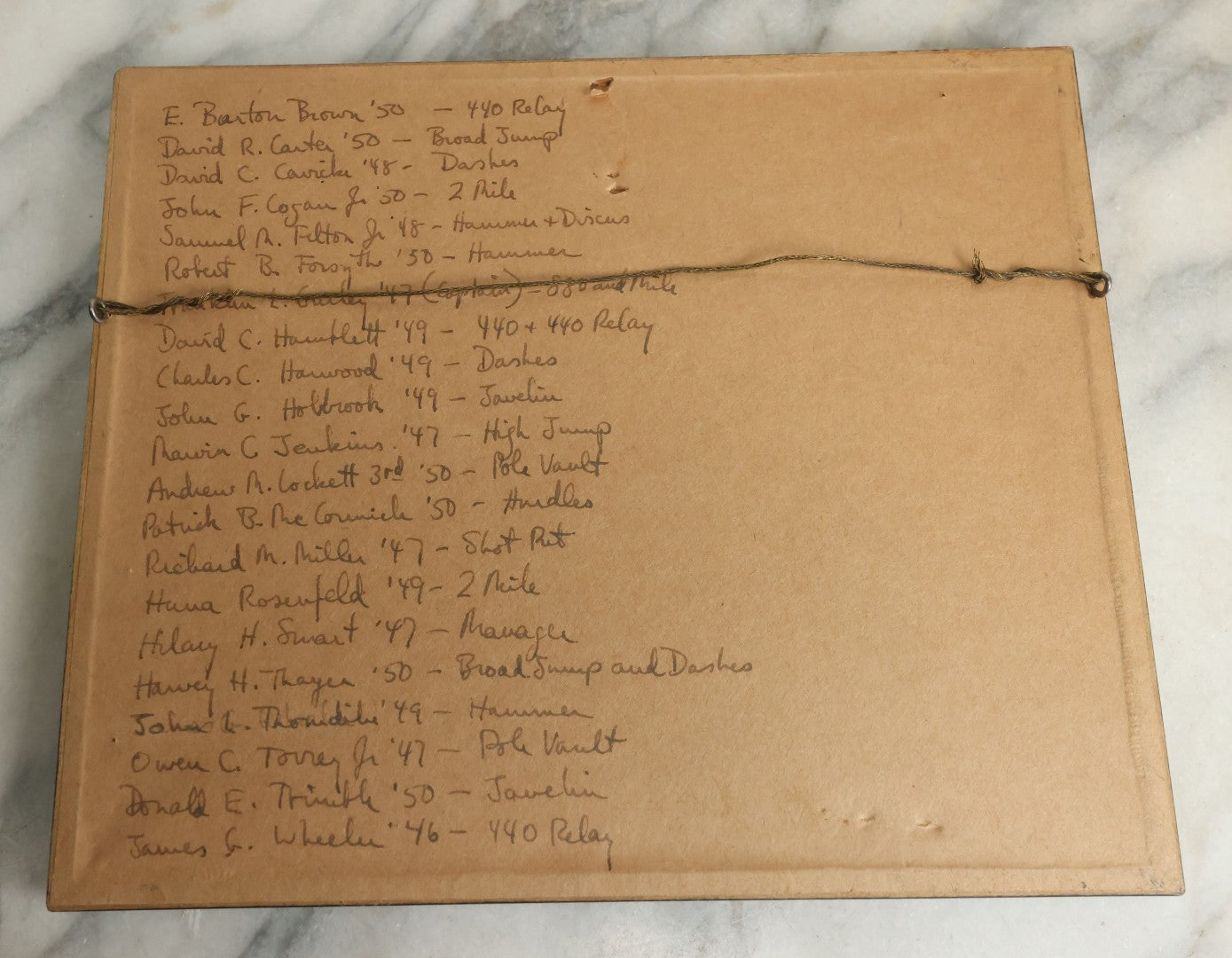 Lot 111 - Vintage Framed Photograph Of A College Track Team, Dated 1948, With Extensive Identification On Verso, 10" x 8-1/2"