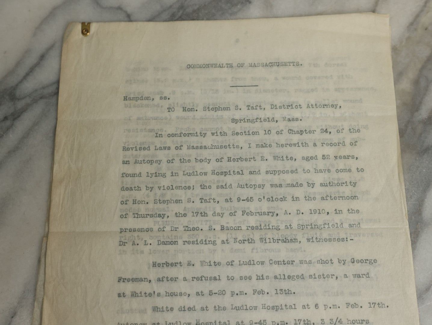 Lot 115 - Two Piece Ephemera Grouping Including Typewritten Medical Examiners Autopsy Report Of A Violent Death, Addressed To District Attorney Stephen S. Taft, Springfield, Massachusetts, Signed Everett A. Bates, Dated 1910, And Blank Death Certificate