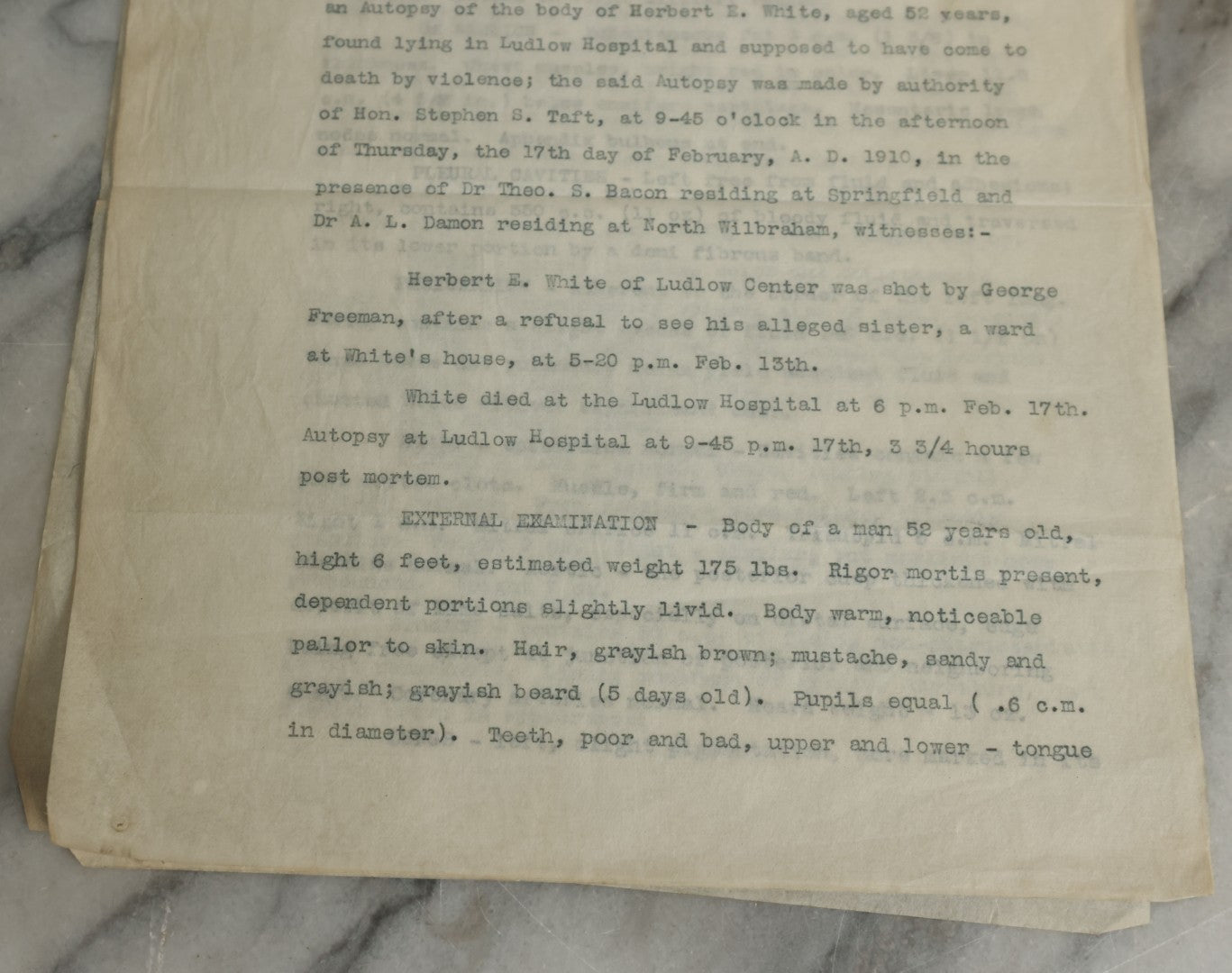 Lot 115 - Two Piece Ephemera Grouping Including Typewritten Medical Examiners Autopsy Report Of A Violent Death, Addressed To District Attorney Stephen S. Taft, Springfield, Massachusetts, Signed Everett A. Bates, Dated 1910, And Blank Death Certificate