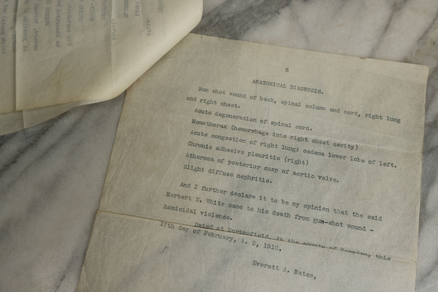 Lot 115 - Two Piece Ephemera Grouping Including Typewritten Medical Examiners Autopsy Report Of A Violent Death, Addressed To District Attorney Stephen S. Taft, Springfield, Massachusetts, Signed Everett A. Bates, Dated 1910, And Blank Death Certificate