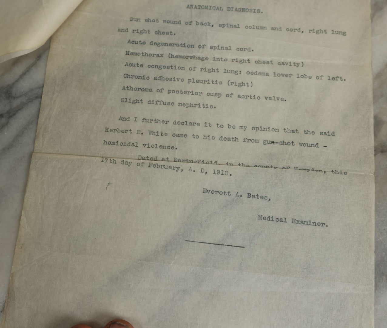 Lot 115 - Two Piece Ephemera Grouping Including Typewritten Medical Examiners Autopsy Report Of A Violent Death, Addressed To District Attorney Stephen S. Taft, Springfield, Massachusetts, Signed Everett A. Bates, Dated 1910, And Blank Death Certificate