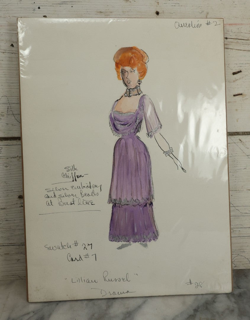 Lot 116 - Grouping Of Three Hand Drawn, Hand Painted, Costume Designs From A Theater Production For Lillian Russell And Diamond Jim, Shrink Wrapped With Board