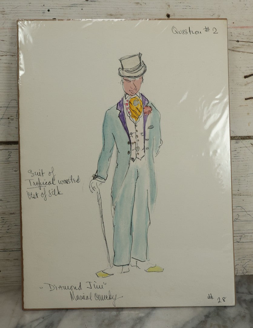 Lot 116 - Grouping Of Three Hand Drawn, Hand Painted, Costume Designs From A Theater Production For Lillian Russell And Diamond Jim, Shrink Wrapped With Board