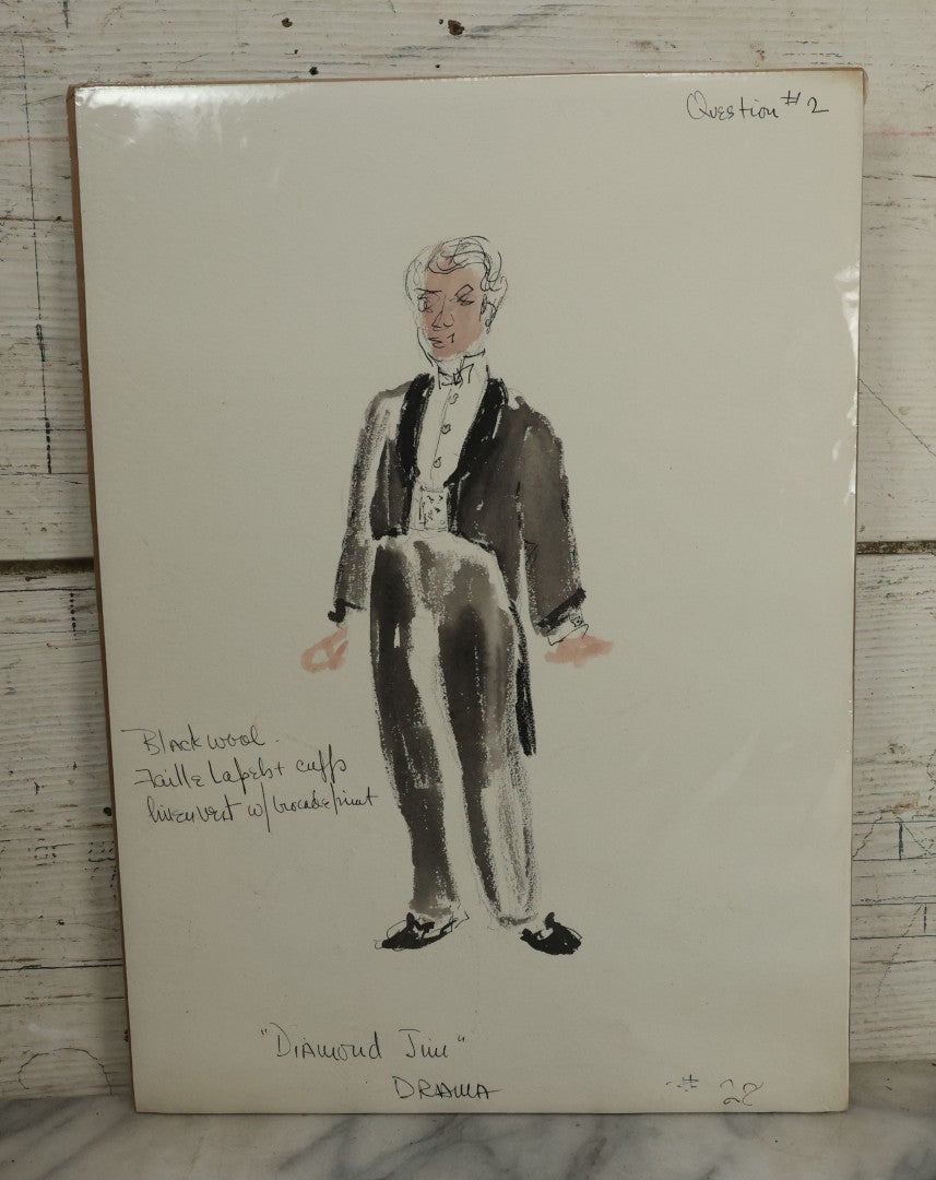 Lot 116 - Grouping Of Three Hand Drawn, Hand Painted, Costume Designs From A Theater Production For Lillian Russell And Diamond Jim, Shrink Wrapped With Board