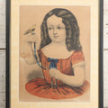 Lot 120 - Antique Hand Colored Lithograph Of Little Blue Eyed Girl With Curly Hair And Pet Yellow Bird Titled "My Little Favorite," Published By Currier & Ives, In Vintage Frame, 12-7/8" x 16-7/8"
