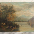 Lot 121 - Antique Landscape Painting On Board Of Pond, Mountains, Rocks, And Trees, Partial Paper Label On Verso, Note Wear And Tear, 18-1/8" x 12"