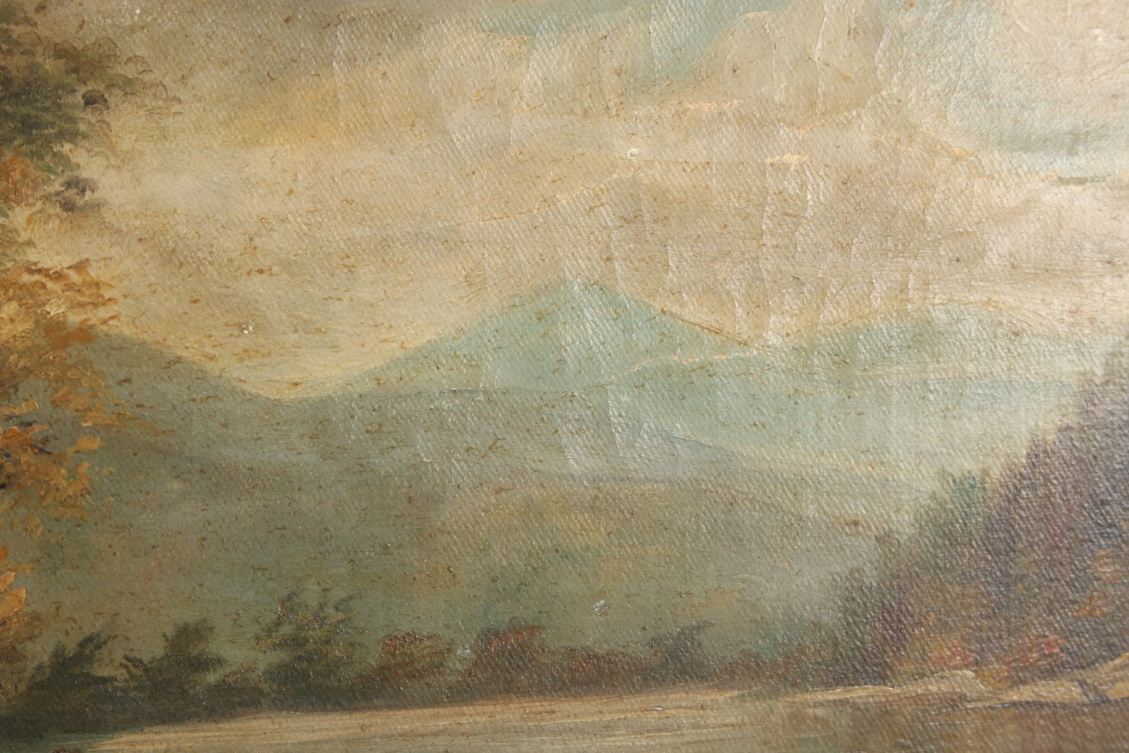 Lot 121 - Antique Landscape Painting On Board Of Pond, Mountains, Rocks, And Trees, Partial Paper Label On Verso, Note Wear And Tear, 18-1/8" x 12"