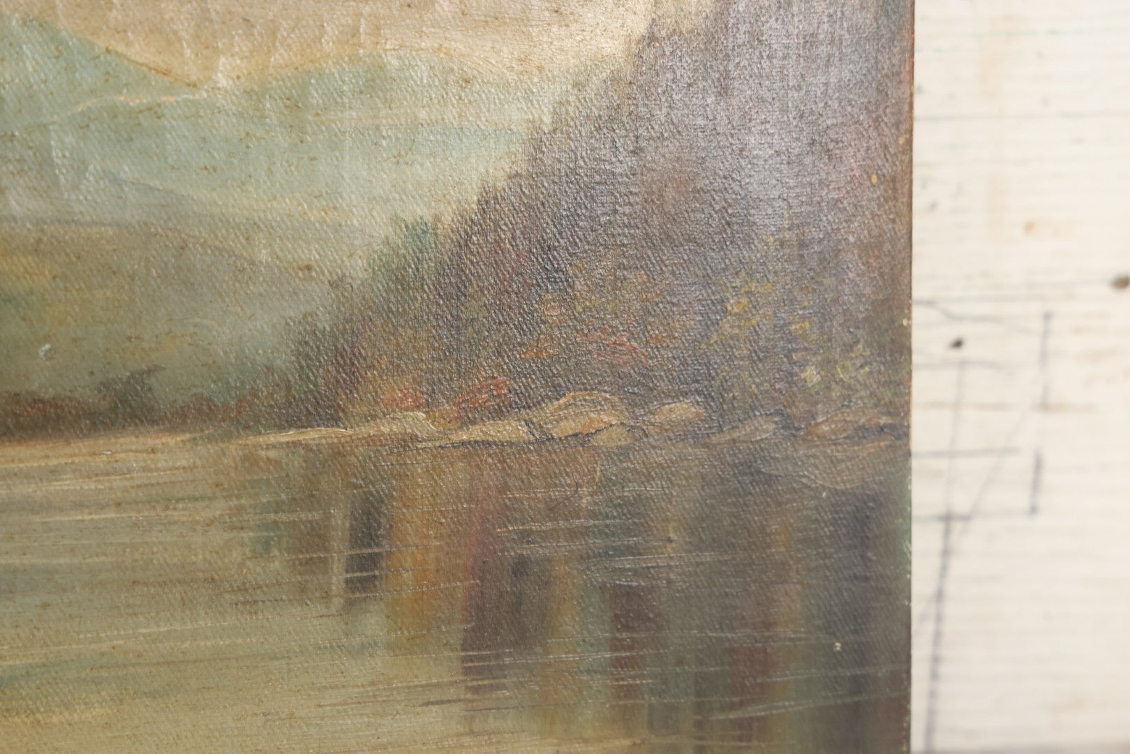 Lot 121 - Antique Landscape Painting On Board Of Pond, Mountains, Rocks, And Trees, Partial Paper Label On Verso, Note Wear And Tear, 18-1/8" x 12"