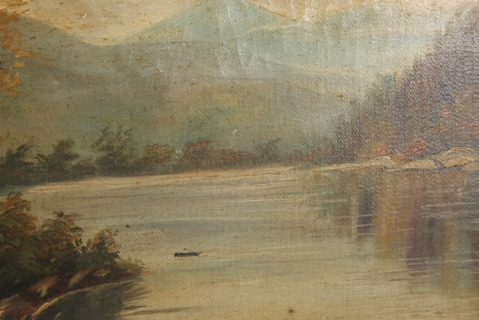 Lot 121 - Antique Landscape Painting On Board Of Pond, Mountains, Rocks, And Trees, Partial Paper Label On Verso, Note Wear And Tear, 18-1/8" x 12"