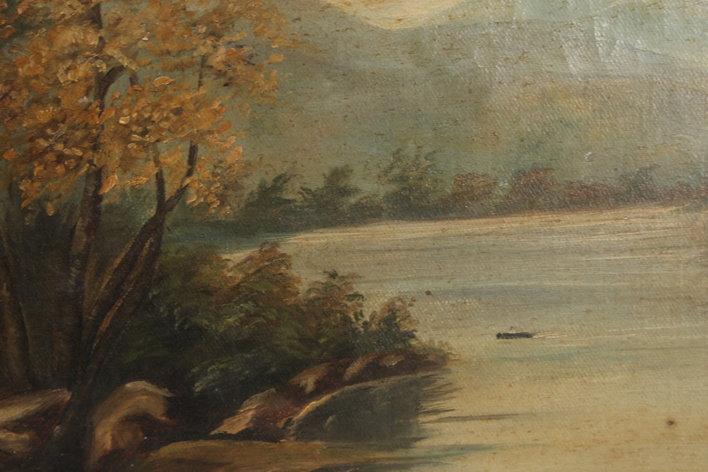 Lot 121 - Antique Landscape Painting On Board Of Pond, Mountains, Rocks, And Trees, Partial Paper Label On Verso, Note Wear And Tear, 18-1/8" x 12"