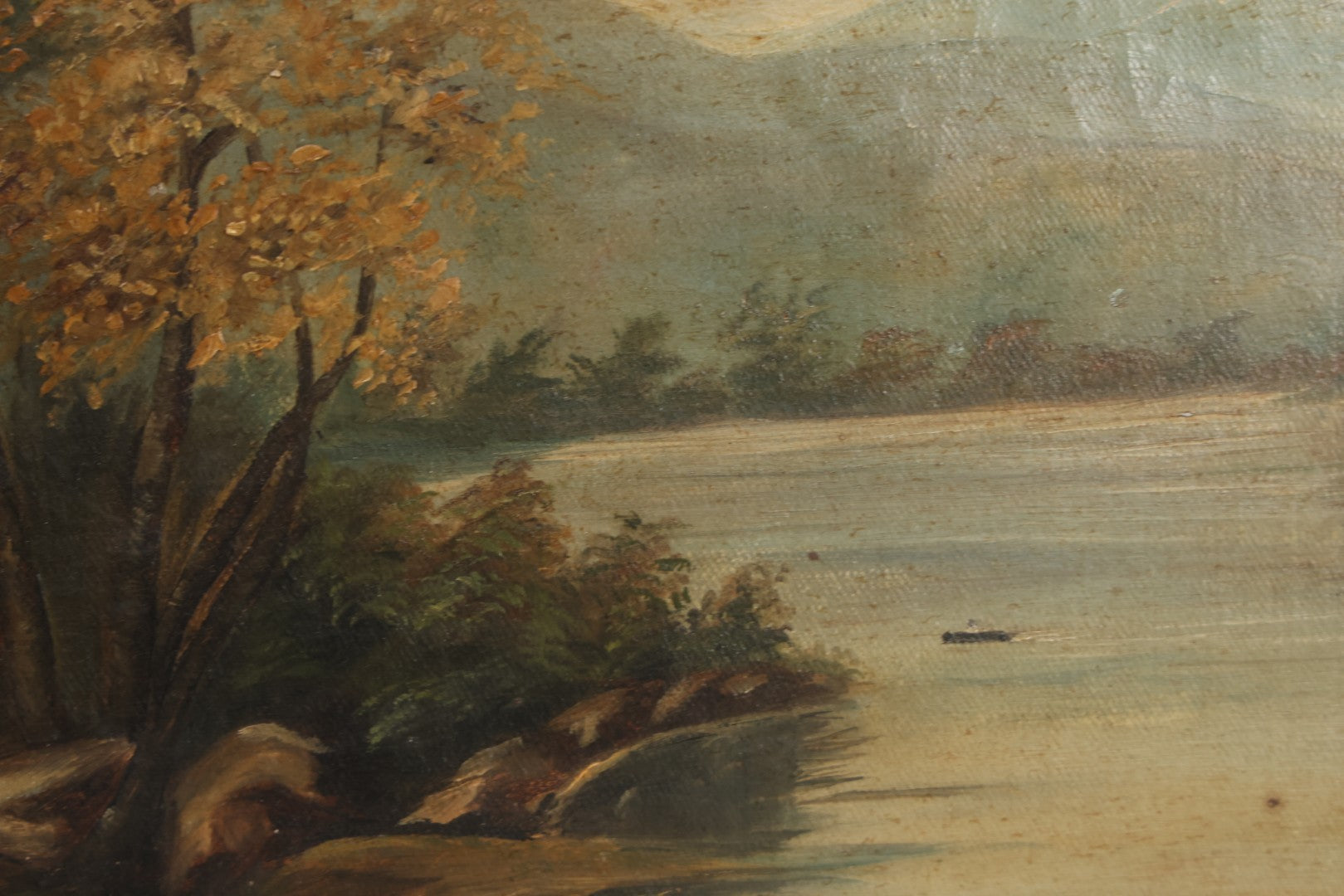 Lot 121 - Antique Landscape Painting On Board Of Pond, Mountains, Rocks, And Trees, Partial Paper Label On Verso, Note Wear And Tear, 18-1/8" x 12"
