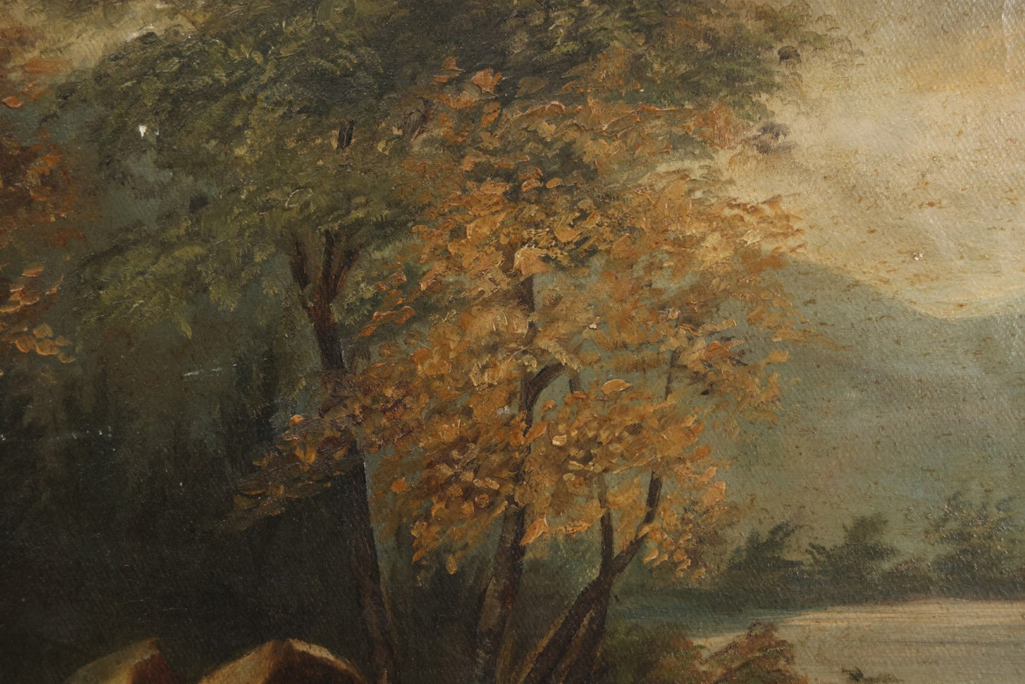 Lot 121 - Antique Landscape Painting On Board Of Pond, Mountains, Rocks, And Trees, Partial Paper Label On Verso, Note Wear And Tear, 18-1/8" x 12"