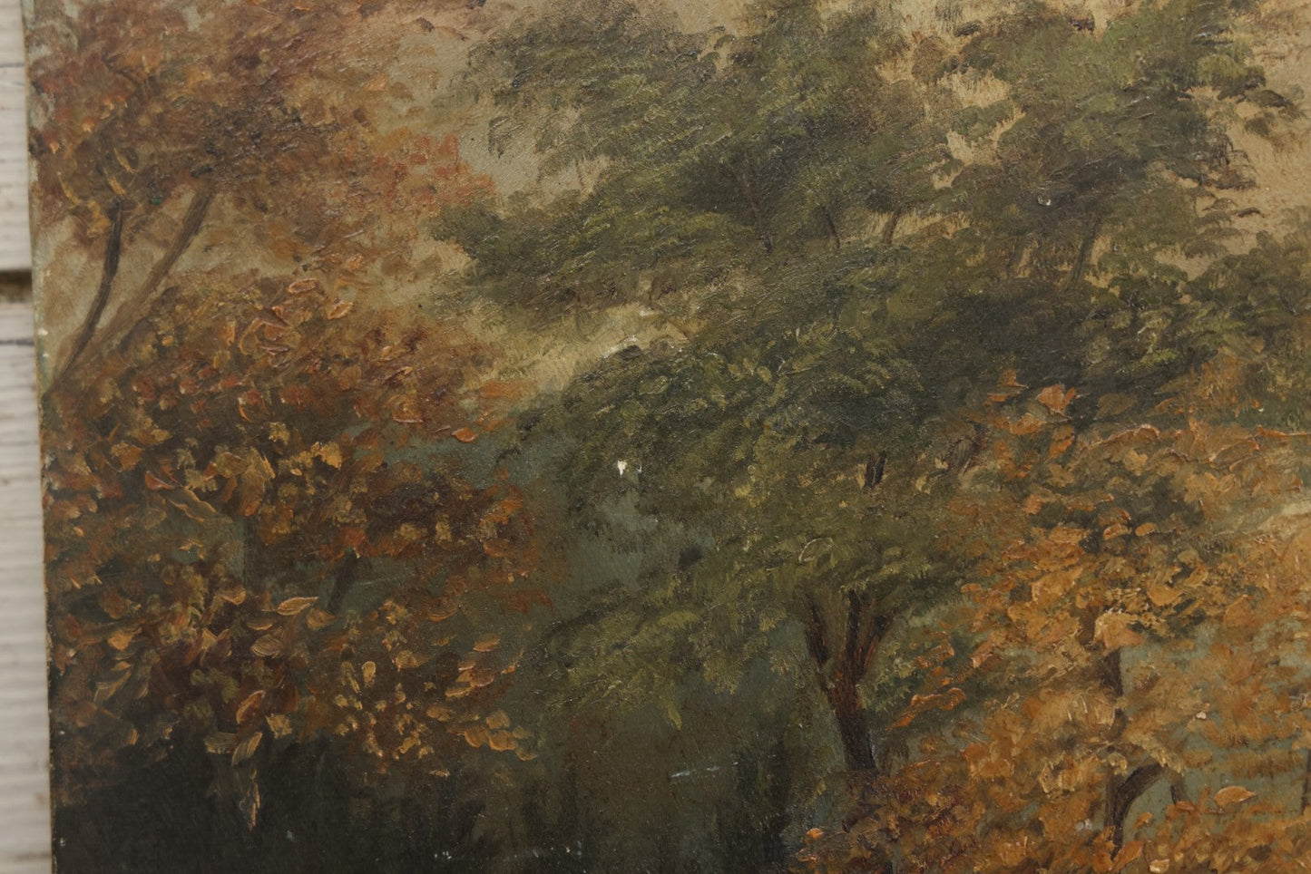 Lot 121 - Antique Landscape Painting On Board Of Pond, Mountains, Rocks, And Trees, Partial Paper Label On Verso, Note Wear And Tear, 18-1/8" x 12"