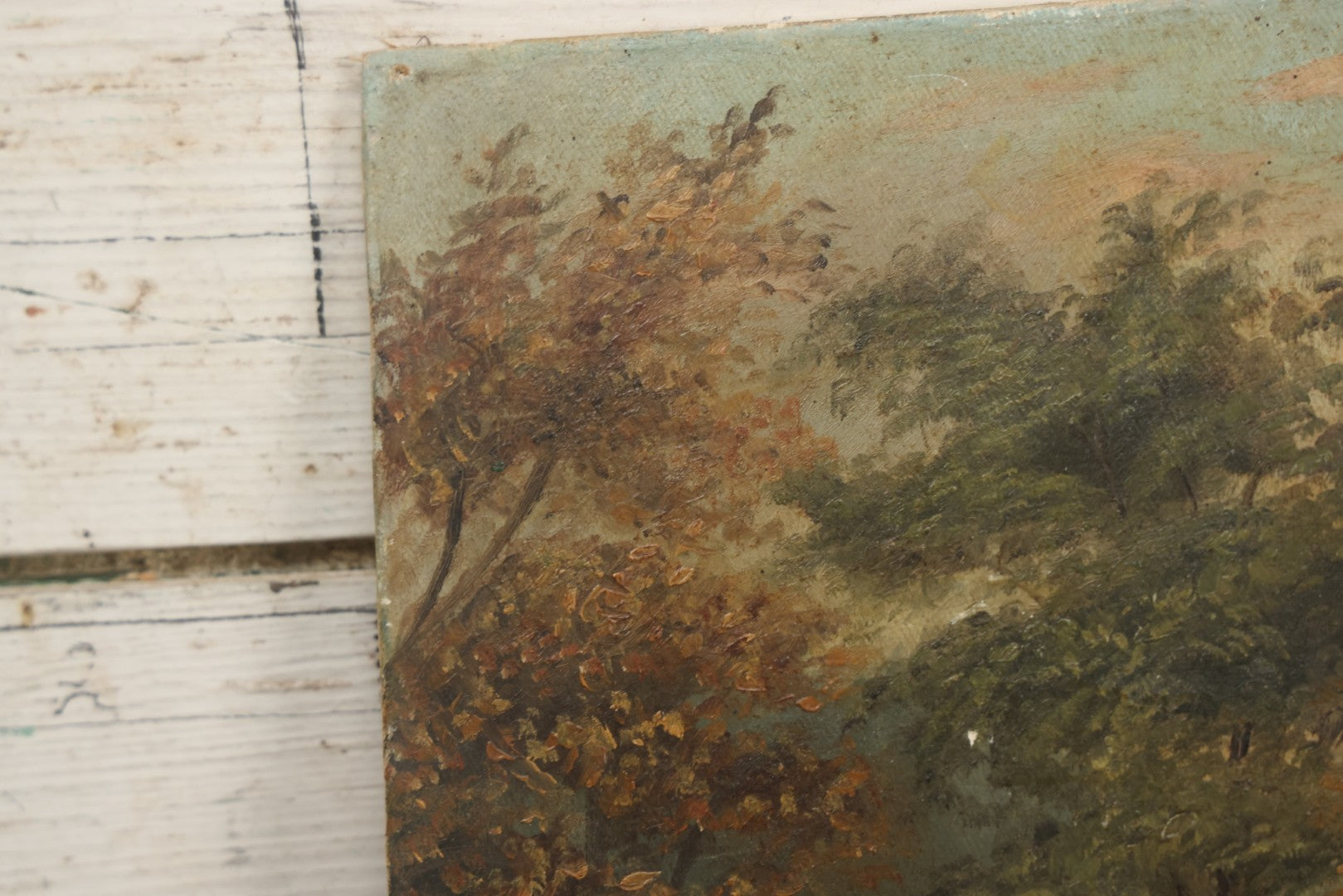 Lot 121 - Antique Landscape Painting On Board Of Pond, Mountains, Rocks, And Trees, Partial Paper Label On Verso, Note Wear And Tear, 18-1/8" x 12"