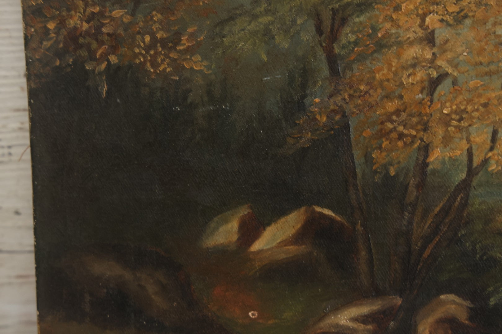 Lot 121 - Antique Landscape Painting On Board Of Pond, Mountains, Rocks, And Trees, Partial Paper Label On Verso, Note Wear And Tear, 18-1/8" x 12"