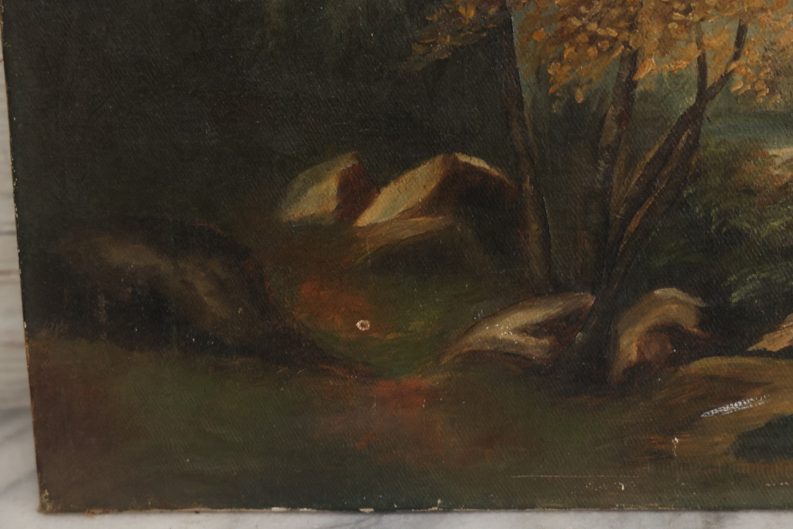 Lot 121 - Antique Landscape Painting On Board Of Pond, Mountains, Rocks, And Trees, Partial Paper Label On Verso, Note Wear And Tear, 18-1/8" x 12"