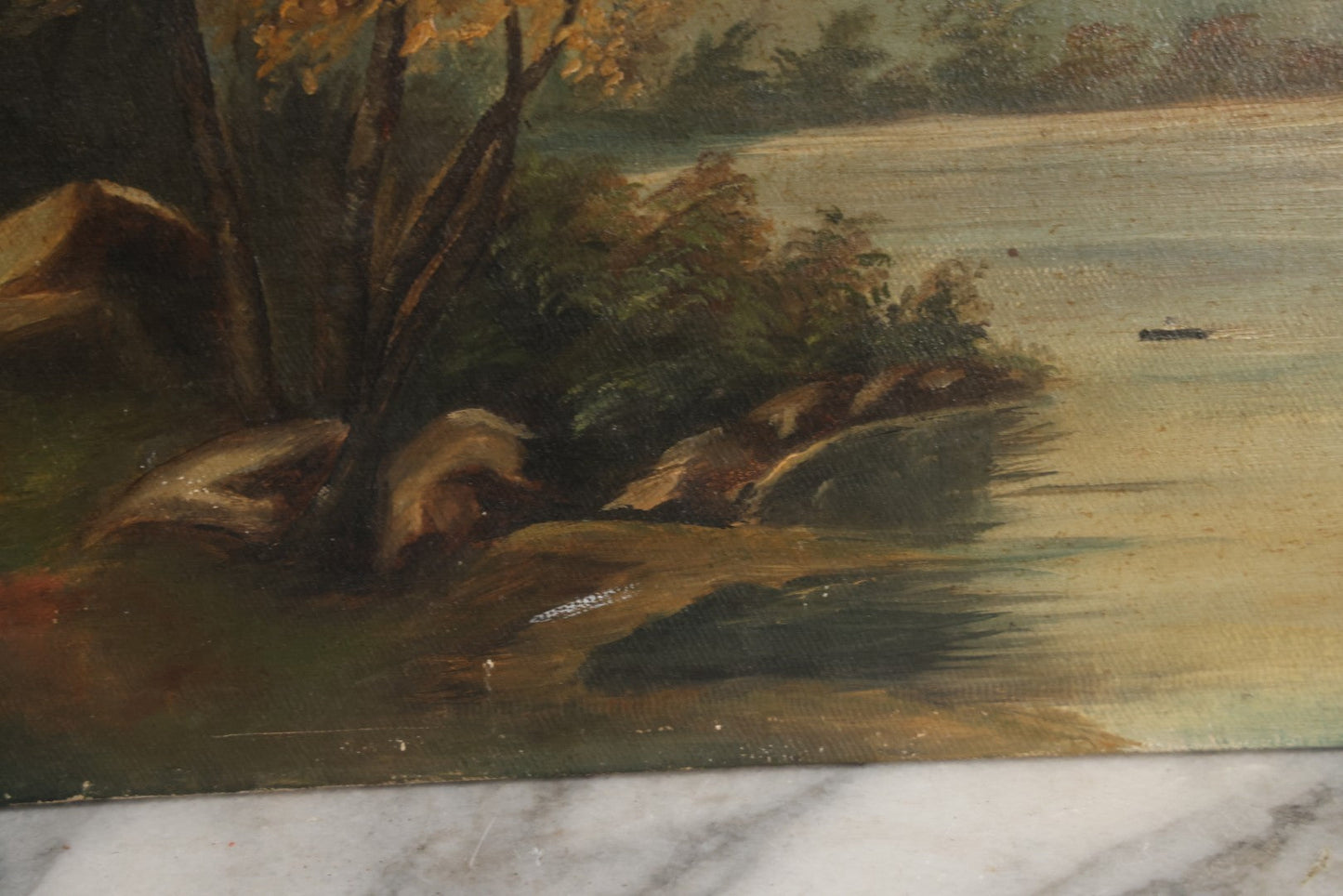 Lot 121 - Antique Landscape Painting On Board Of Pond, Mountains, Rocks, And Trees, Partial Paper Label On Verso, Note Wear And Tear, 18-1/8" x 12"