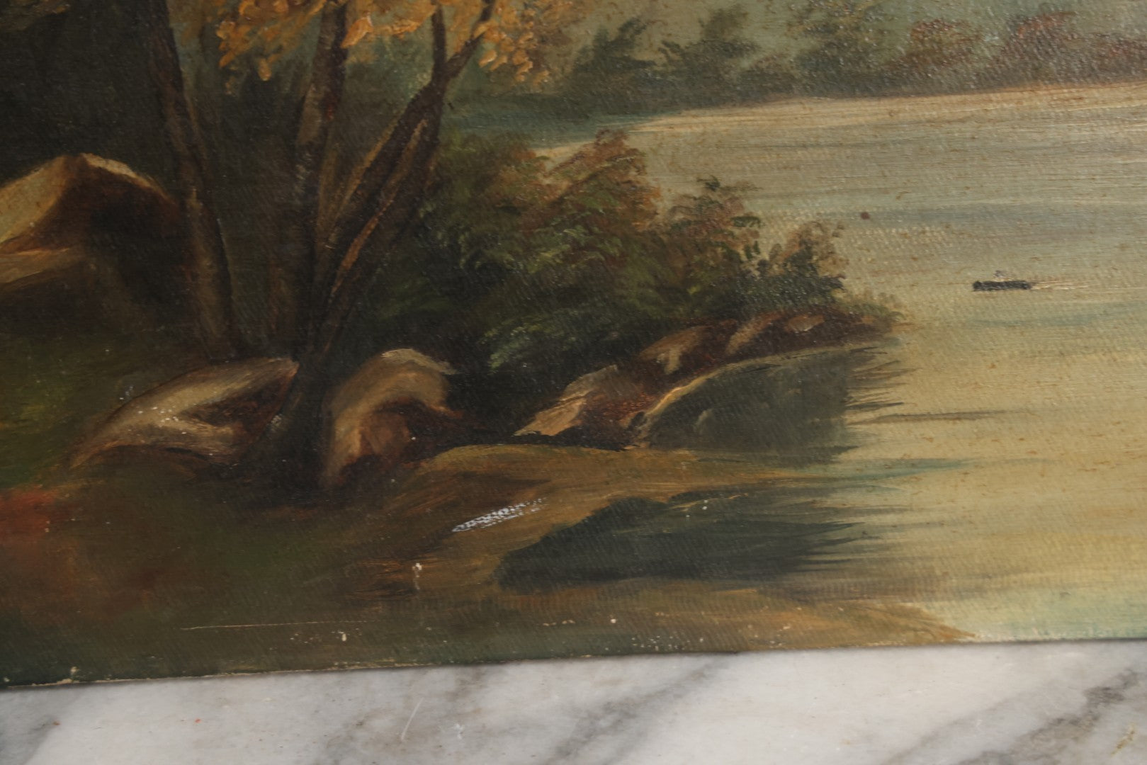 Lot 121 - Antique Landscape Painting On Board Of Pond, Mountains, Rocks, And Trees, Partial Paper Label On Verso, Note Wear And Tear, 18-1/8" x 12"