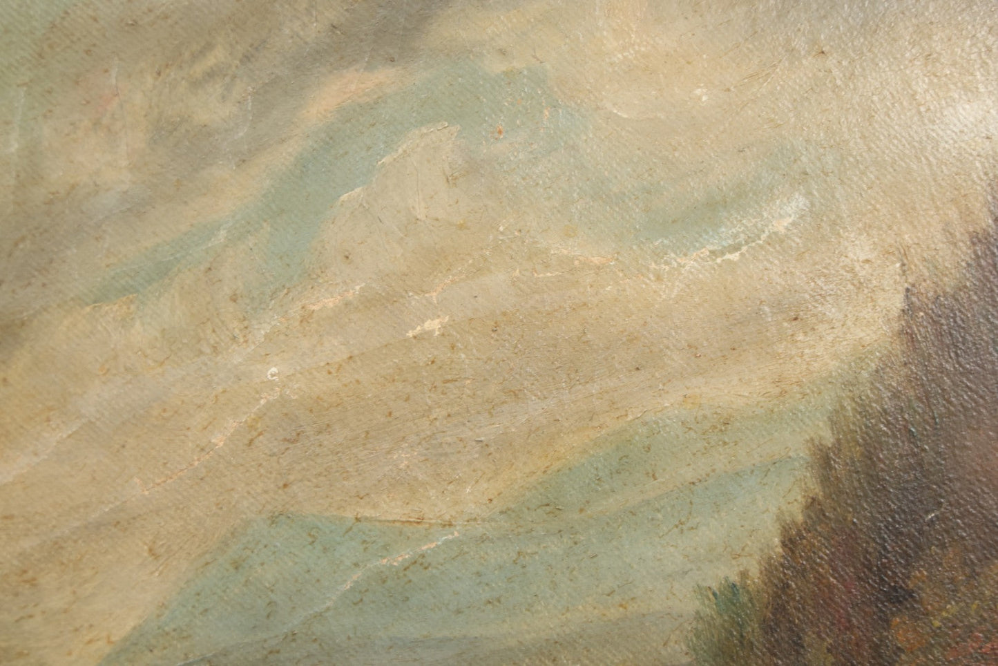 Lot 121 - Antique Landscape Painting On Board Of Pond, Mountains, Rocks, And Trees, Partial Paper Label On Verso, Note Wear And Tear, 18-1/8" x 12"