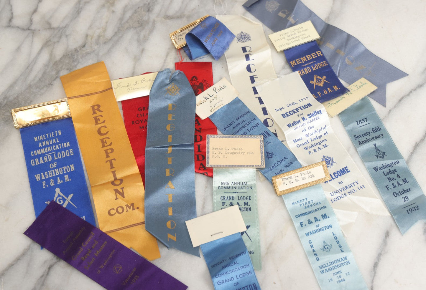 Lot 126 - Grouping Of Sixteen Vintage Freemasons Masonic Ribbons And Badges, Mostly From Grand Lodge Of Washington, Circa 1930-1950