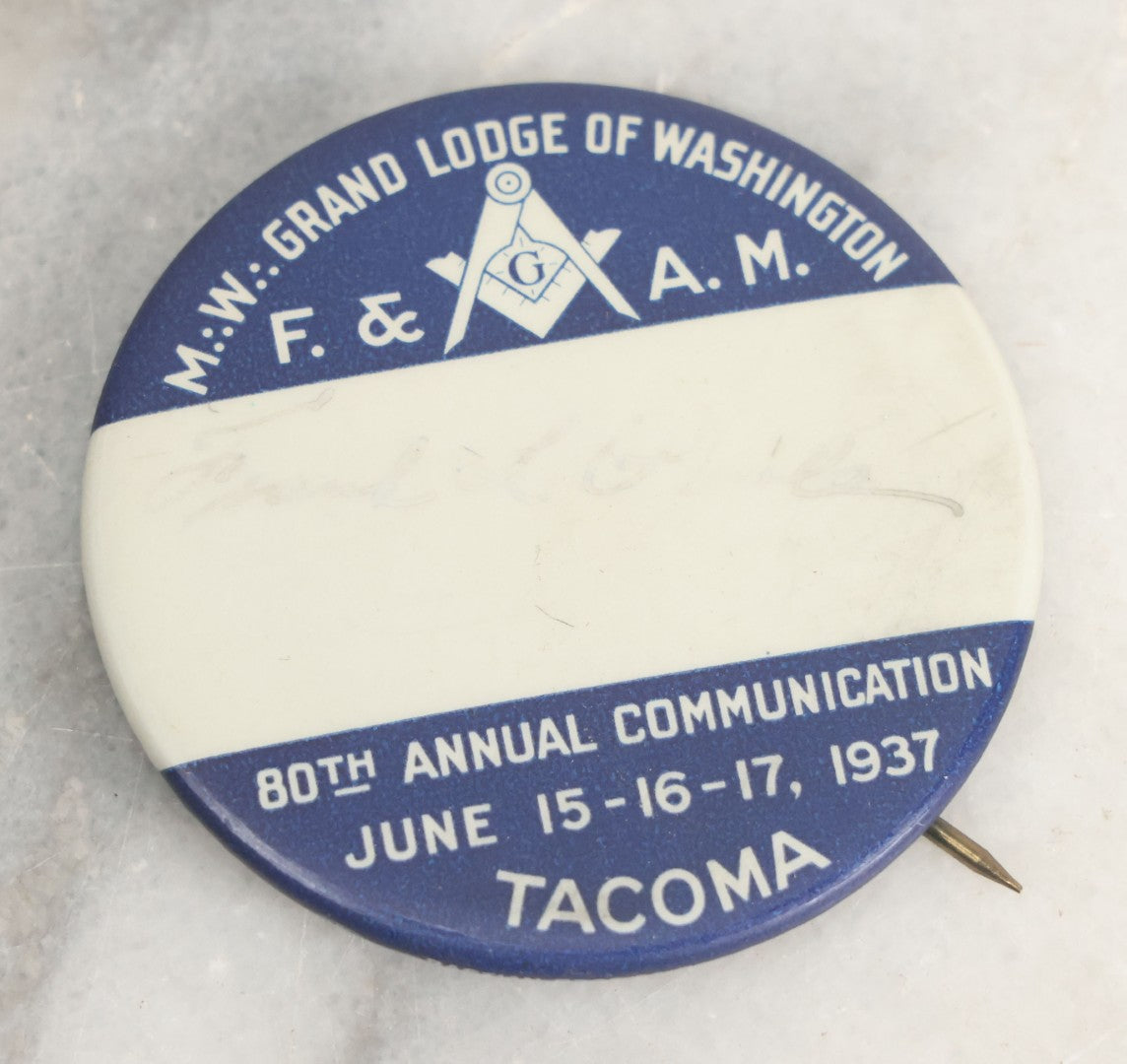 Lot 127 - Three Piece Fraternal Grouping Including Dalhousie Masonic Lodge Badge, 1960, American Legion Post Treasurer Badge, And Tacoma Washington Masonic Pinback Button, 1937