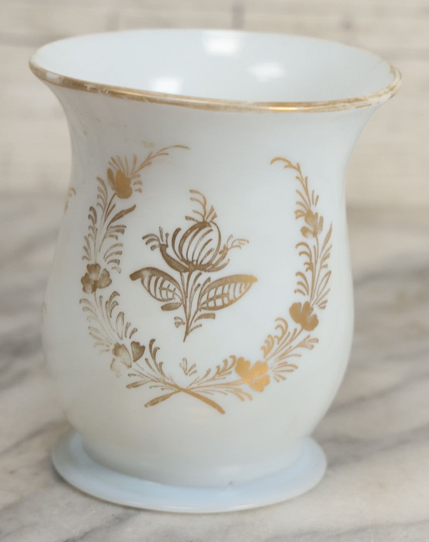 Lot 133 - Vintage Hand Blown White Glass Cream Vessel With Gold Painted Details, Note Chip At Base