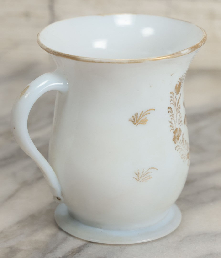 Lot 133 - Vintage Hand Blown White Glass Cream Vessel With Gold Painted Details, Note Chip At Base