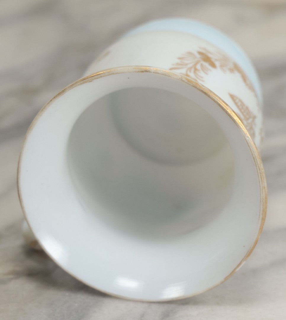 Lot 133 - Vintage Hand Blown White Glass Cream Vessel With Gold Painted Details, Note Chip At Base