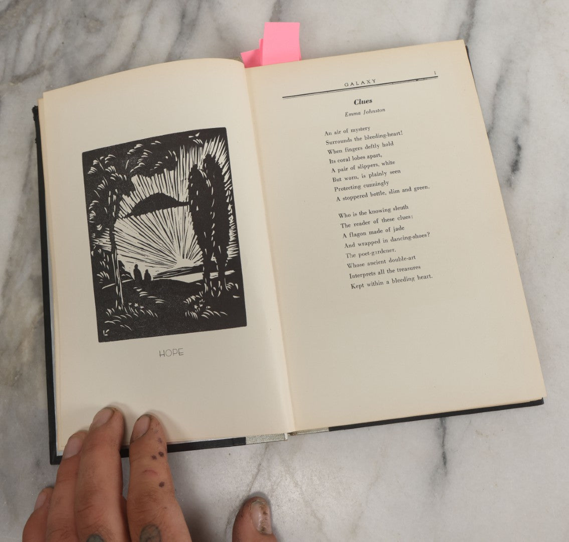 Lot 145 - "Galaxy, An Anthology" Vintage Esoteric Poetry Book Compiled By Beatrix Reynolds And James Gabelle, Illustrated With Linoleum Cuts By Leander Leitner Signed By Gabelle, The Gayren Press, Publishers, Ridgewood, New Jersey, 1934