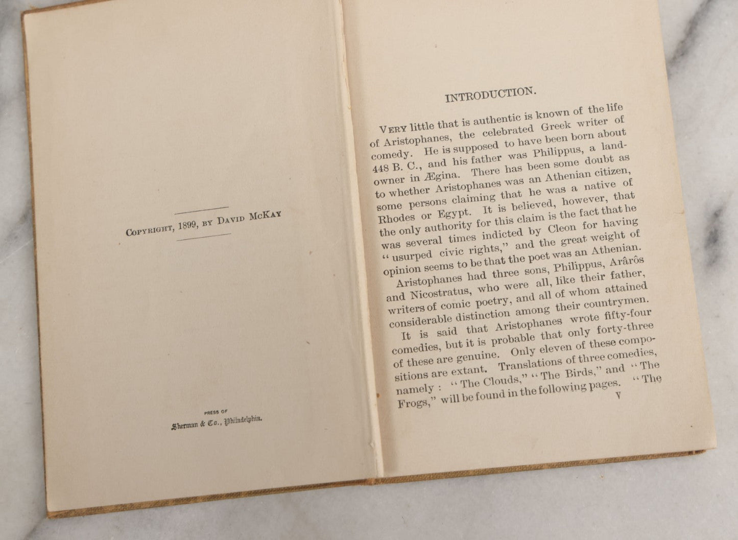 Lot 150 - "Aristophanes' Birds Frogs And Clouds" Antique Book Translated With Notes By William James Hickie With An Introduction By Edward Brooks, Jr., David Mckay, Publisher, Philadelphia, 1899