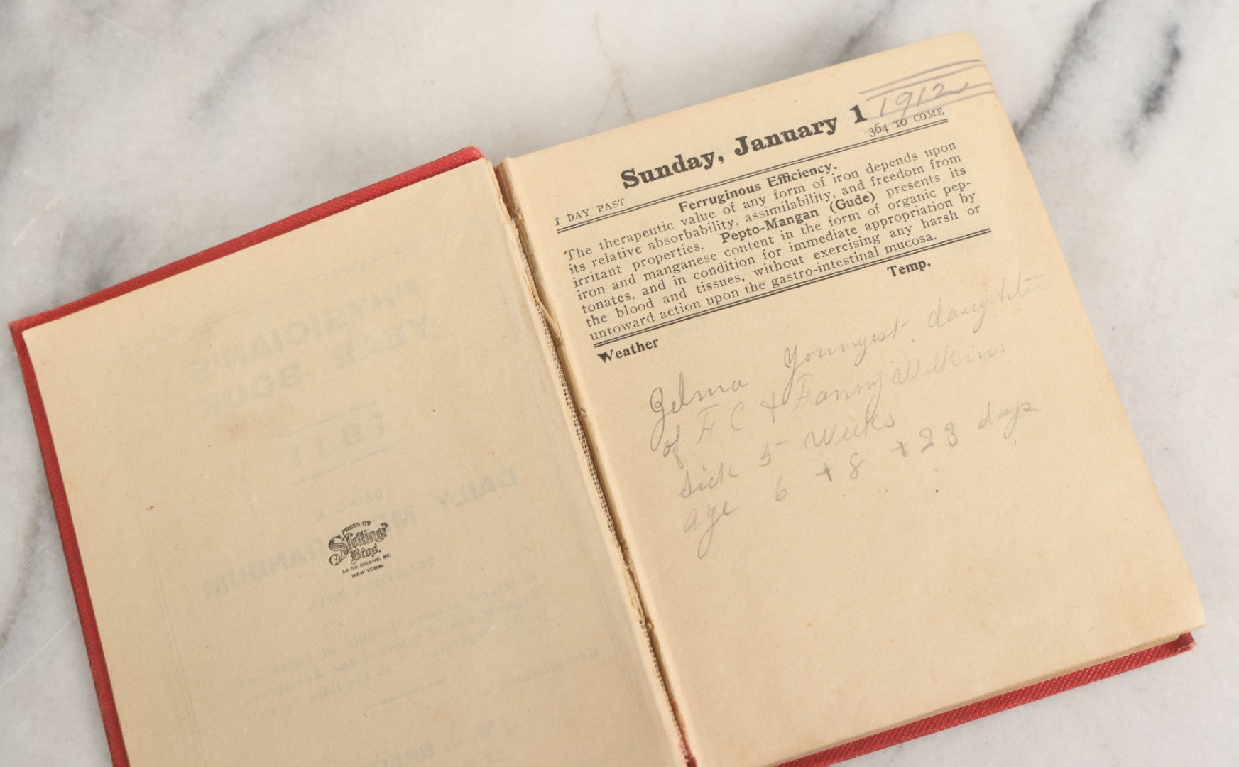 Lot 153 - "Physicians Daily Memorandum For 1911" Antique Doctor's Notebook And Calendar With Handwritten Notes, Advertisement For Pepto-Mangan, Compliments Of M.J. Breitenbach Company, New York City