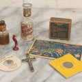 Lot 165 - Eight Piece Vintage Smalls Grouping Including Hoyt's Dime Cologne Bottle, Nixon New Penny Novelty, Ebony And Metal Crucifix, And Other Items