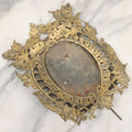 Lot 023 - Antique Ornate Brass Toned Metal Cabinet Card Sized Photo Frame With Leaf Motif, Kickstand, Note Small Losses, Soft Metal