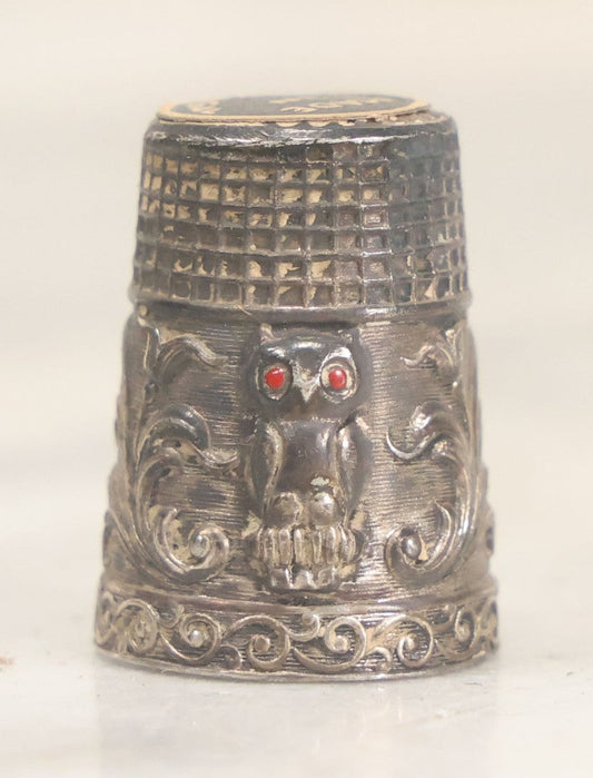 Lot 024 - Vintage Metal Thimble With Owl Motif With Red Painted Eyes, Sticker Marked Made In Portugal 