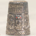 Lot 024 - Vintage Metal Thimble With Owl Motif With Red Painted Eyes, Sticker Marked Made In Portugal
