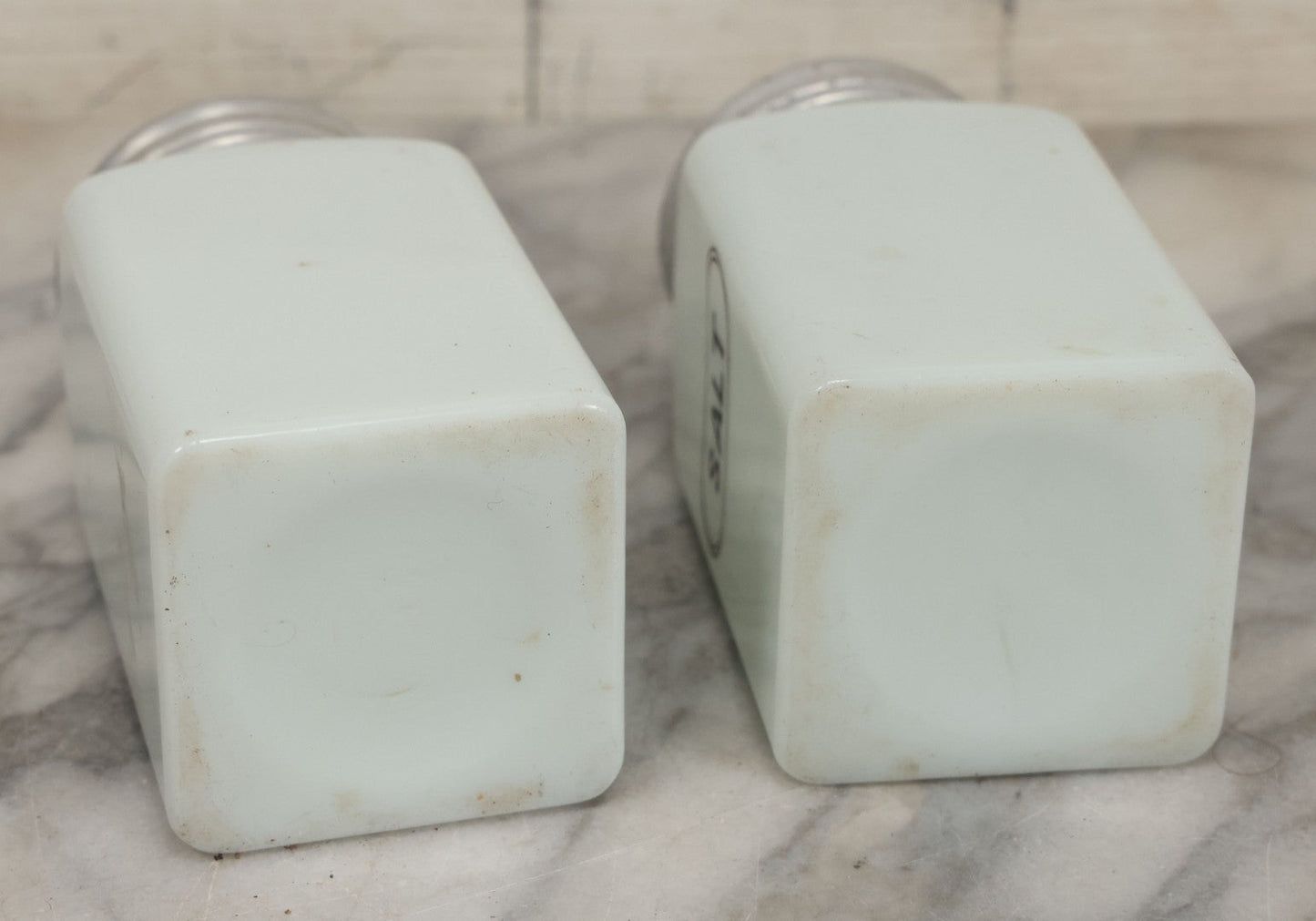 Lot 048 - Vintage Mid Century Milk Glass Salt And Pepper Shakers With Tin Lids And Black Lettering, 4-7/8" Height Each