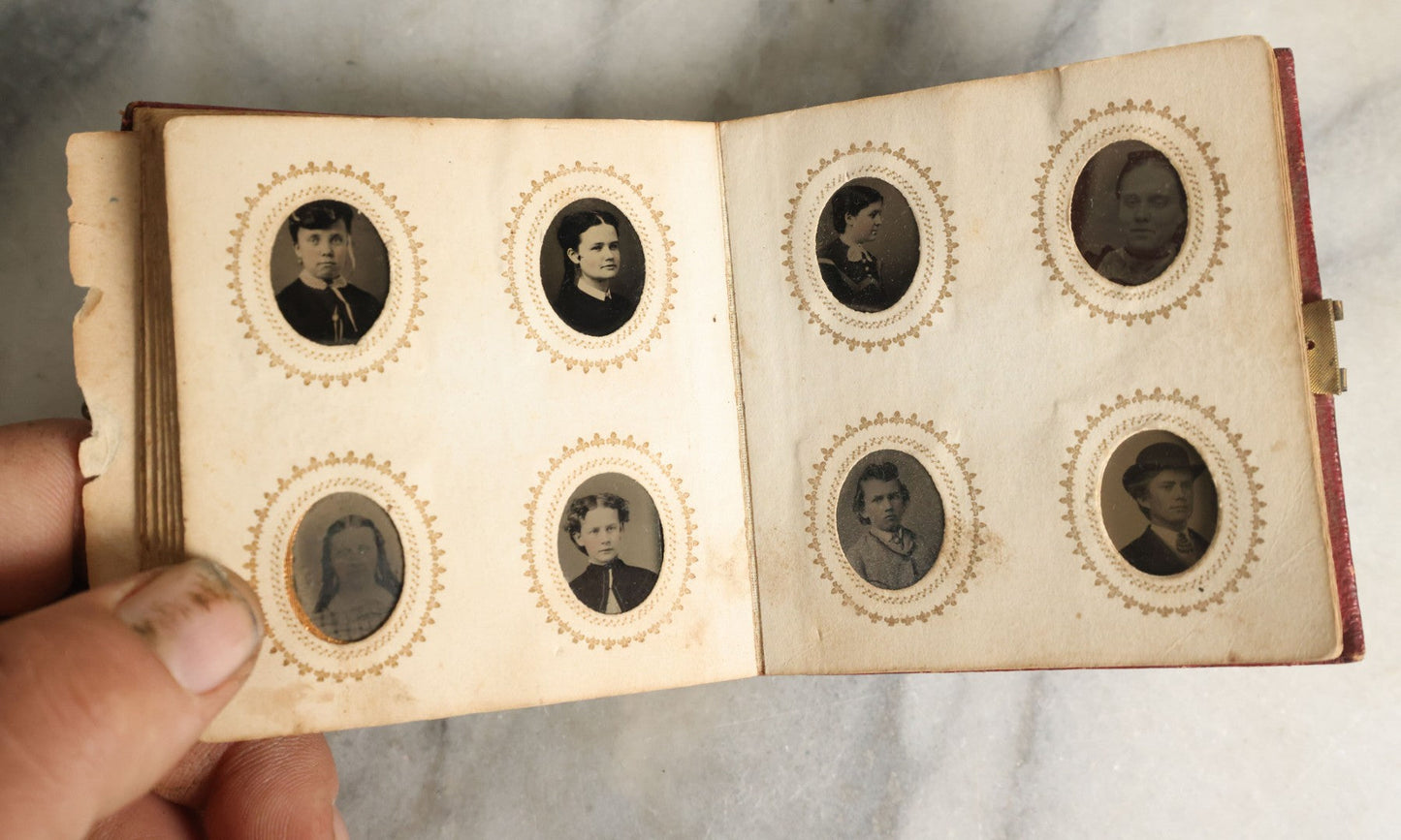 Lot 057 - Antique Gem Tintype Photo Album With 91 Tintype Photographs Of Men, Women And Children, Handwritten Note States "From The Colby Home On Colby Road"