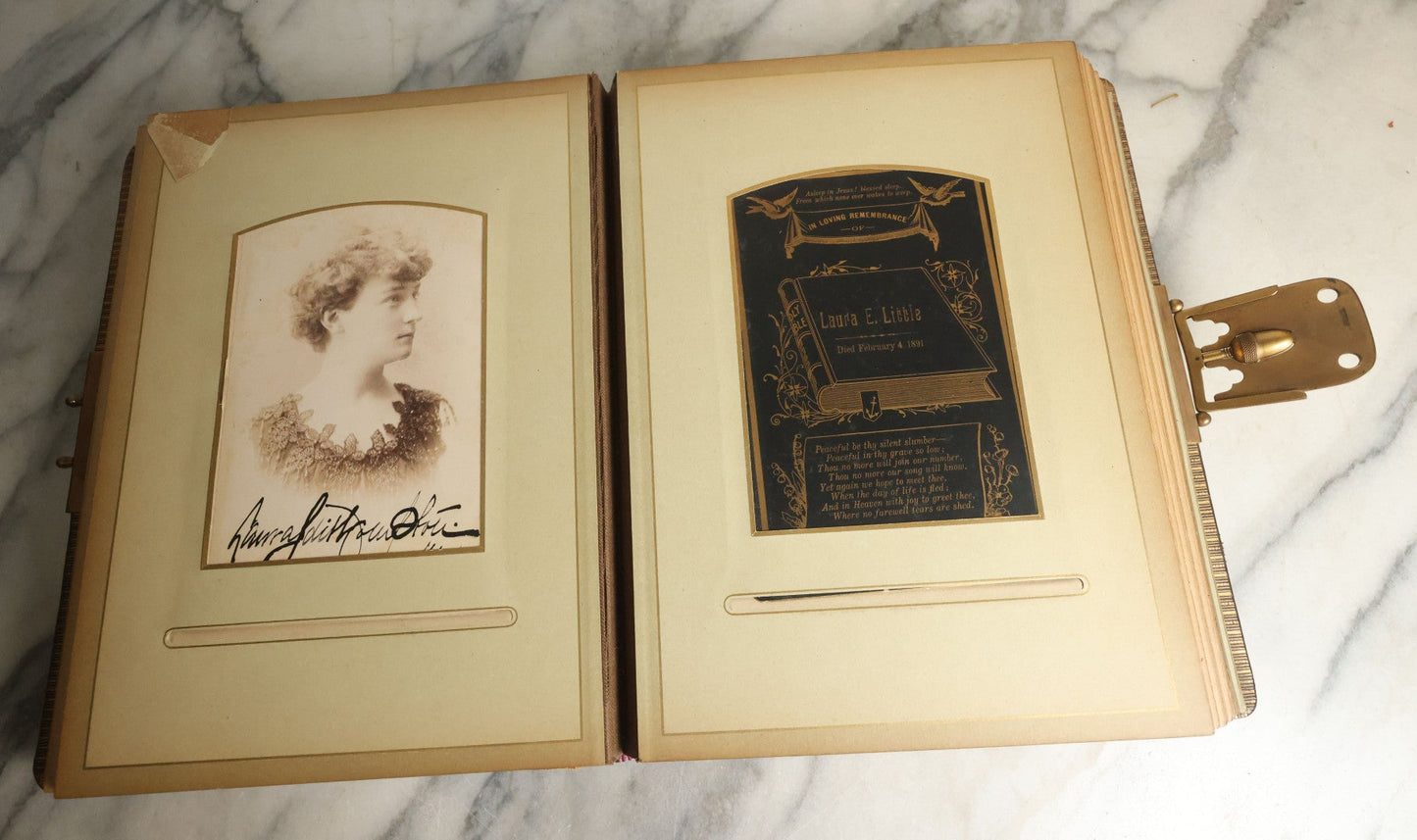 Lot 059 - Antique Photo And Keepsake Album With Cabinet Card, Tintype, And C.D.V. Photos, Remembrance Card & Hair From Mrs. Laura E. Little, Hidden Mother Tintype With Scratched Out Face, Photo Of Back Of Woman's Hair, Textile Keepsakes, Pressed Foliage