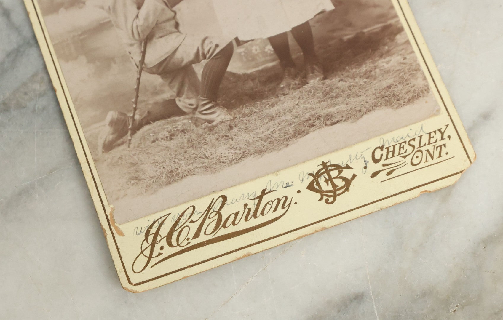 Lot 084 - Antique Cabinet Card Photograph Of Young Boy Courting Young Girl With Handwritten Quote "Will You Marry Me My Pretty Maid", Note On Back "For Lottie Halliday", J.C. Barton, Photographer, Chesley, Ontario