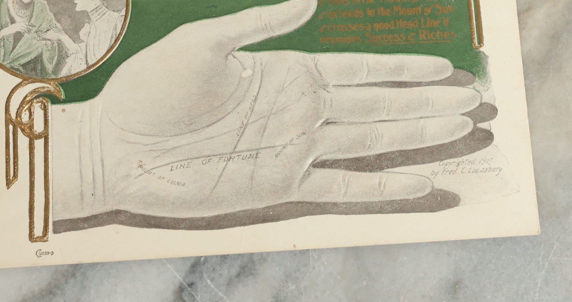 Lot 089 - Antique Embossed Palmistry Fortune-Telling Postcard, "Good Fortunes As Told By The Lines Of The Hand," Copyrighted 1907 By Fred C. Lounsbury, Postmarked 1909