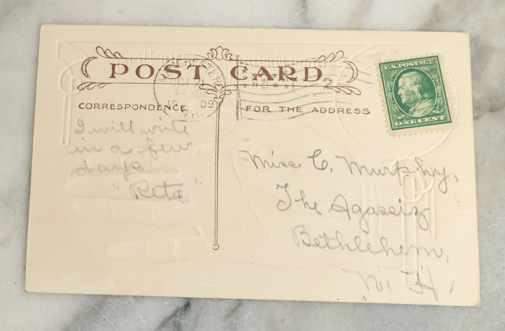 Lot 089 - Antique Embossed Palmistry Fortune-Telling Postcard, "Good Fortunes As Told By The Lines Of The Hand," Copyrighted 1907 By Fred C. Lounsbury, Postmarked 1909