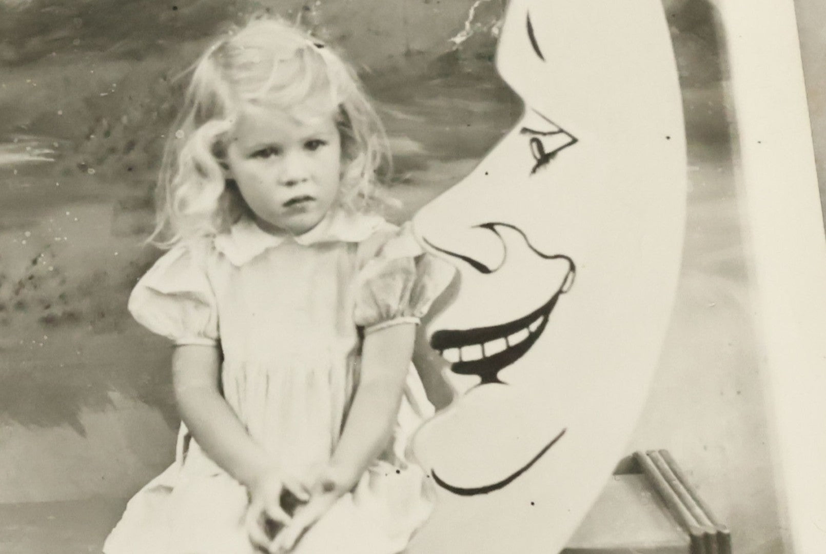 Lot 091 - Vintage Real Photo Postcard R.P.P.C. Of Young Blond Girl Posing On Wooden Moon Cutout Backdrop, Circa 1949